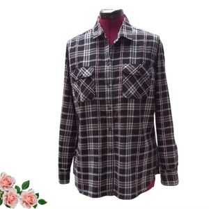 Eddie Bauer Black Plaid Stine's Clas Button Down Blouse Pockets Country Girl